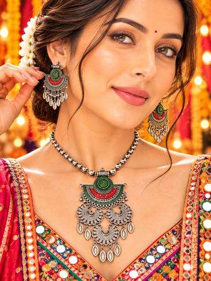 Oxidized Silver Green & Red Mandala Necklace Set