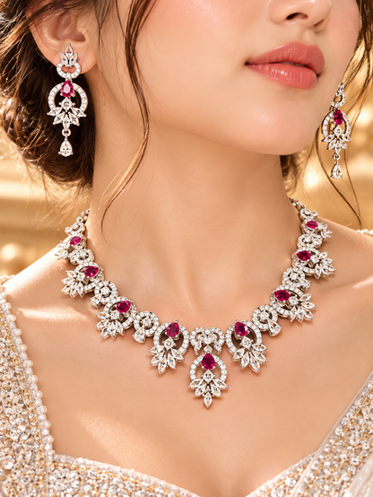 Ruby Floral American Diamond Necklace Set
