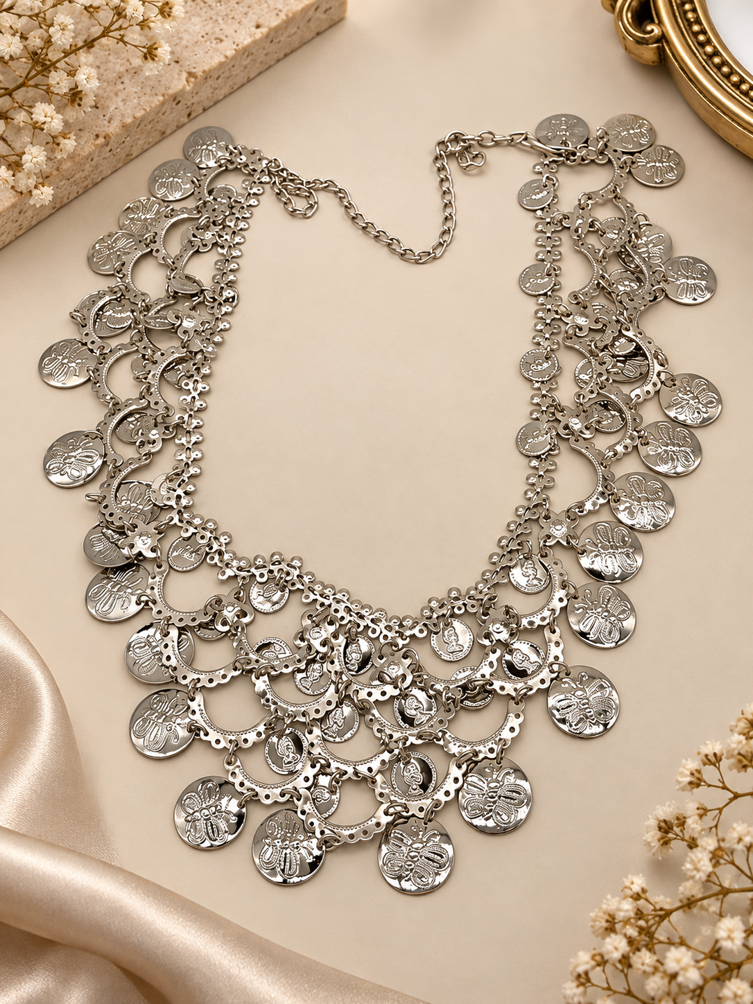 Silver Coin Filigree Layered Waist Chain