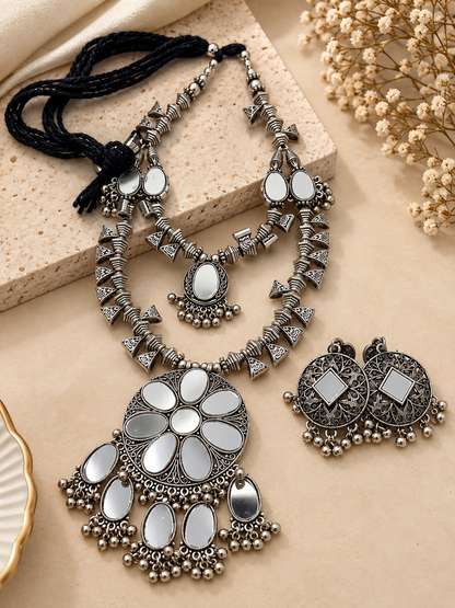 Oxidized Silver Floral Pearl Necklace Set