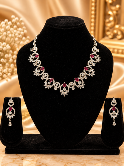 Ruby Floral American Diamond Necklace Set