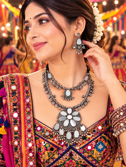Oxidized Silver Floral Pearl Necklace Set