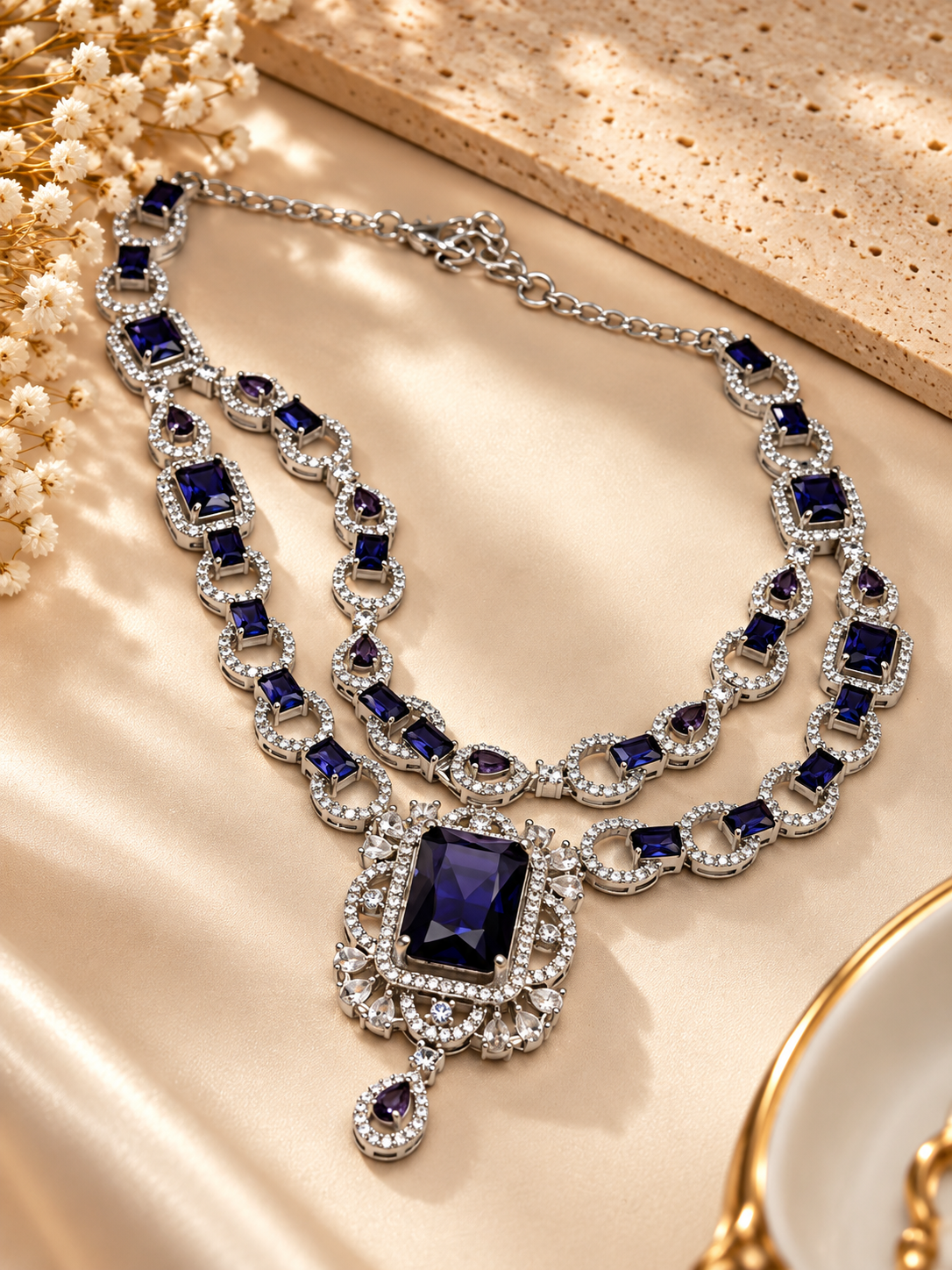 Royal Blue Twin-Layer American Diamond Necklace Set