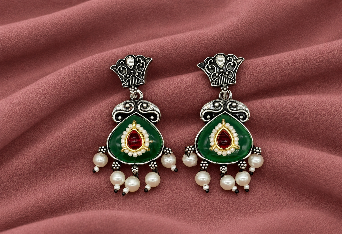 Green Enamel Pearl Drop Earrings