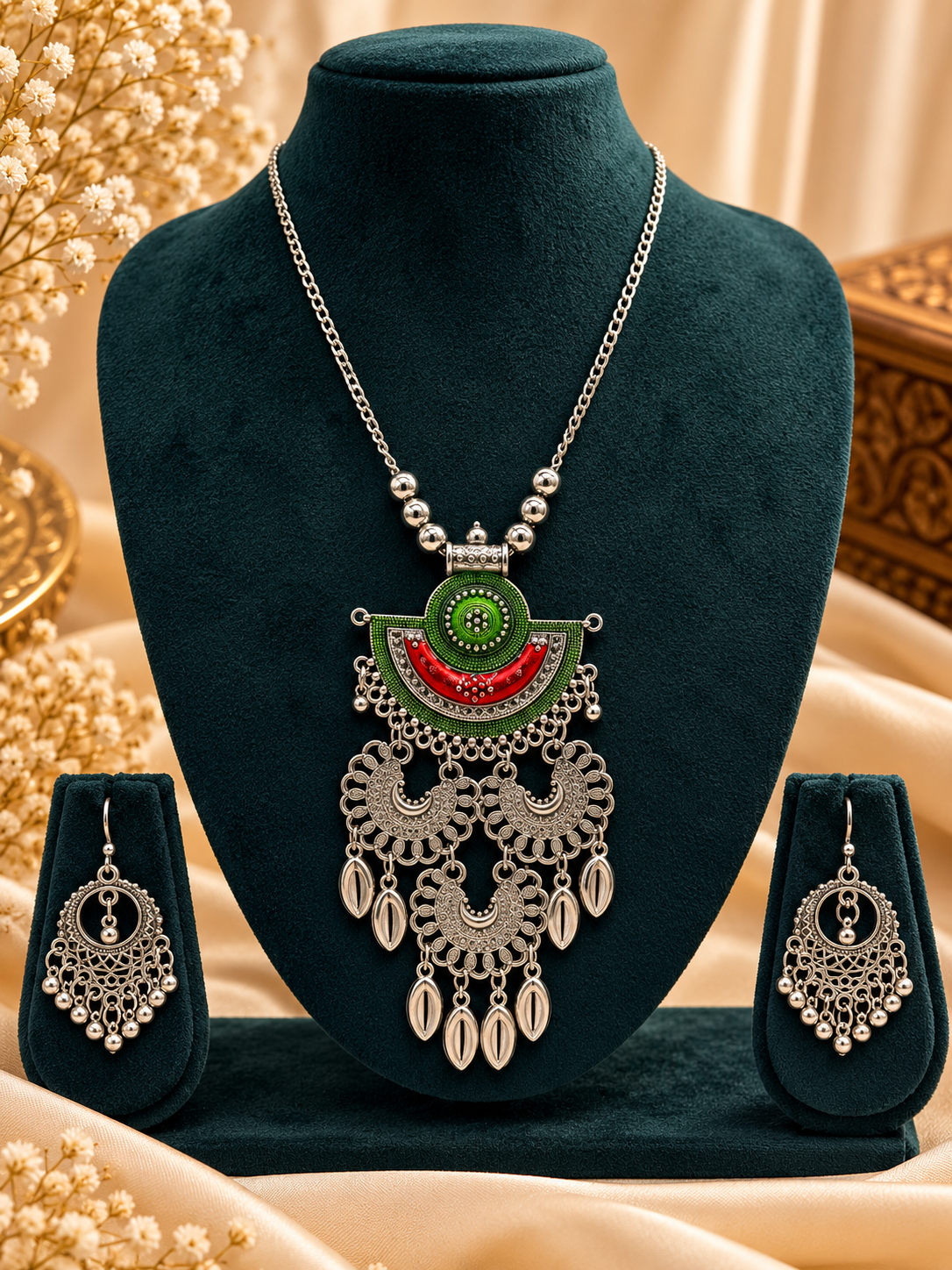 Oxidized Silver Green & Red Mandala Necklace Set