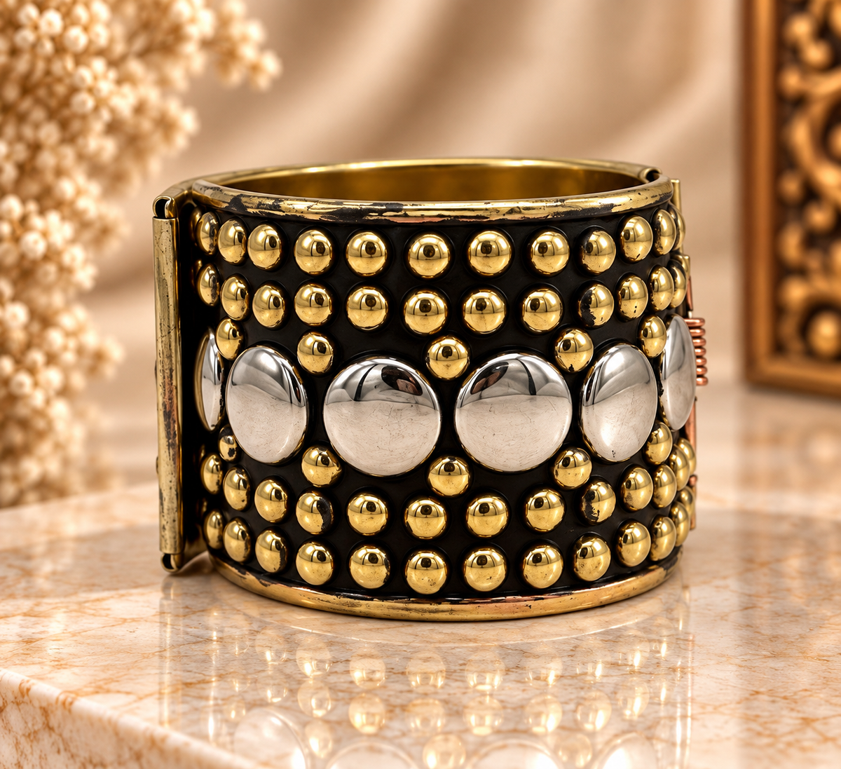 Antique Silver Black & Gold Circular Studded Statement Kada