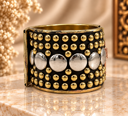 Antique Silver Black & Gold Circular Studded Statement Kada