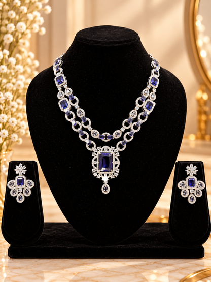 Royal Blue Twin-Layer American Diamond Necklace Set