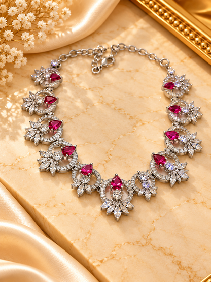 Ruby Floral American Diamond Necklace Set