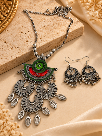 Oxidized Silver Green & Red Mandala Necklace Set