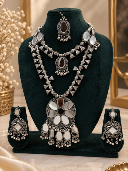 Oxidized Silver Floral Pearl Necklace Set