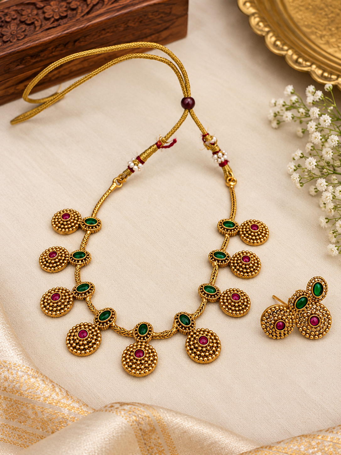 Green Ruby Gold Beaded Necklace Set