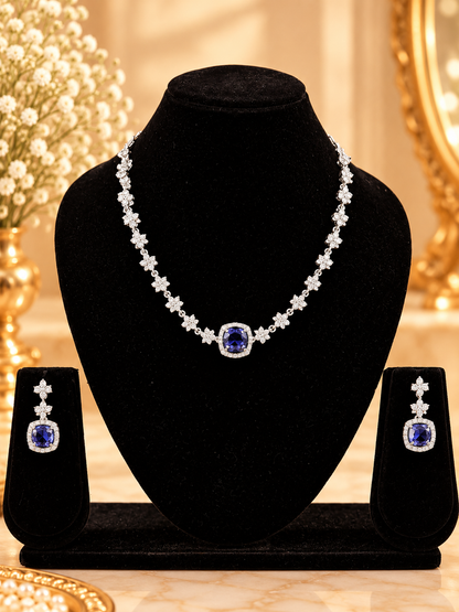 Royal Blue Floral American Diamond Necklace Set