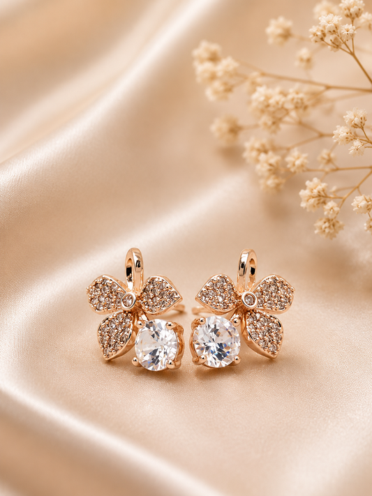 Golden Crystal Bloom Drop Stud Earrings