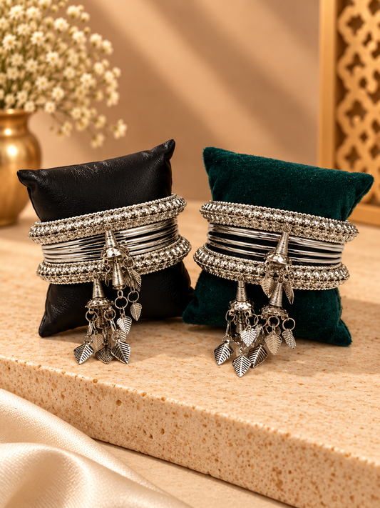 Antique Silver Ghungroo Charm Bangle Set