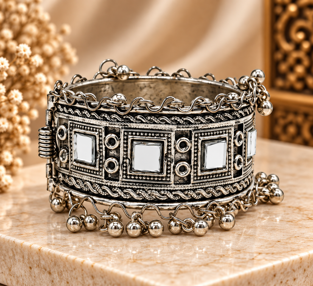 Antique Silver Geometric Tribal Statement Kada