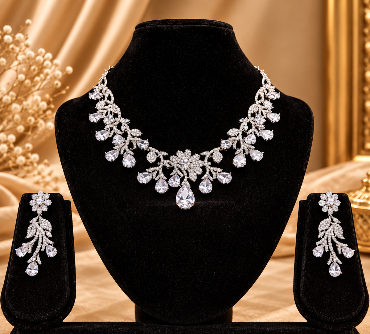 Floral Cascade American Diamond Necklace Set