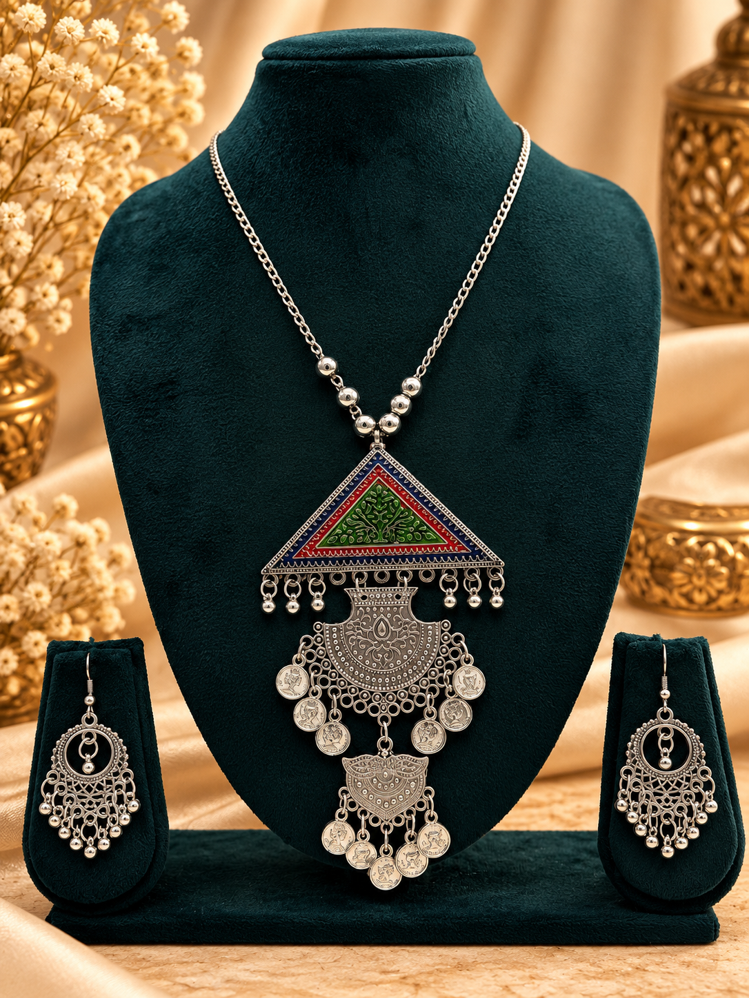 Oxidized Silver Tribal Triangle Pendant Necklace Set