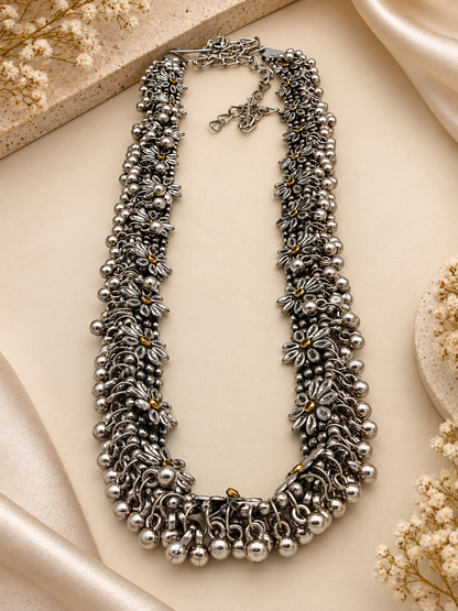 Oxidized Silver Floral Beaded Waist Chain