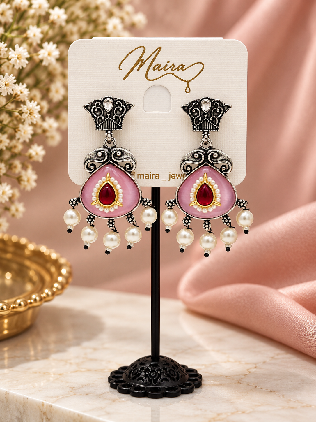 PINK Enamel Pearl Drop Earrings
