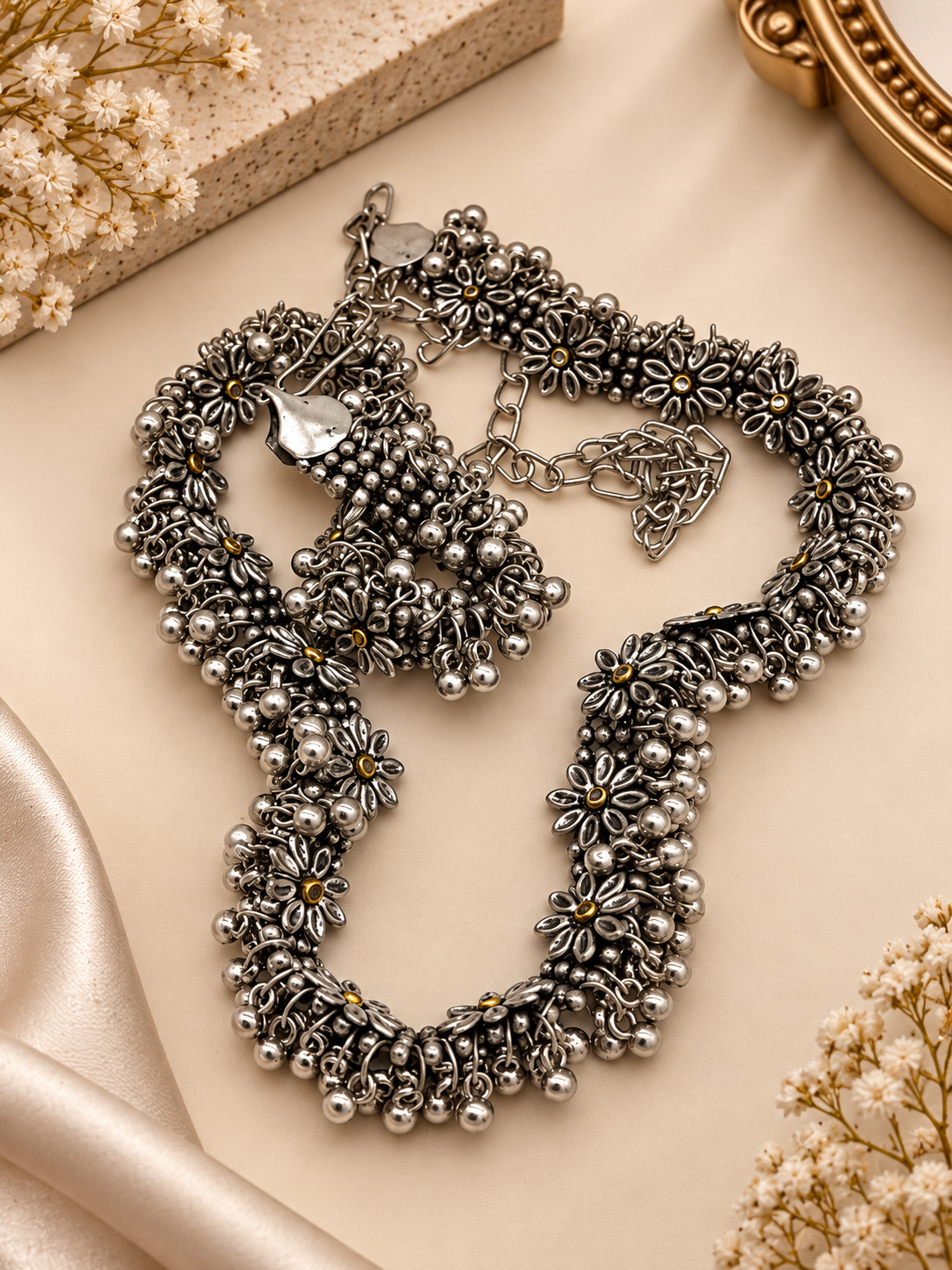 Oxidized Silver Floral Beaded Waist Chain
