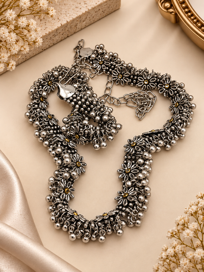 Oxidized Silver Floral Beaded Waist Chain