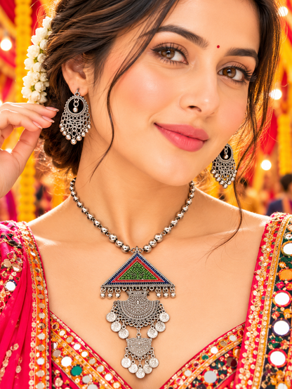 Oxidized Silver Tribal Triangle Pendant Necklace Set