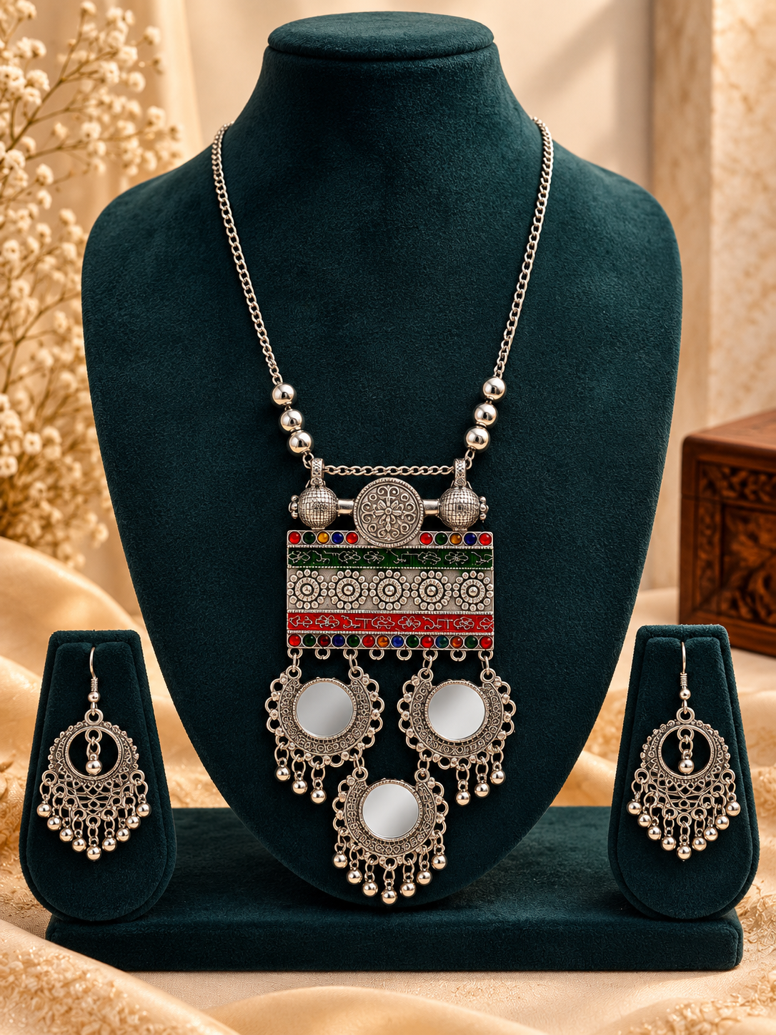Oxidized Silver Tribal Mosaic Pendant Necklace Set