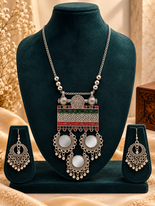 Oxidized Silver Tribal Mosaic Pendant Necklace Set