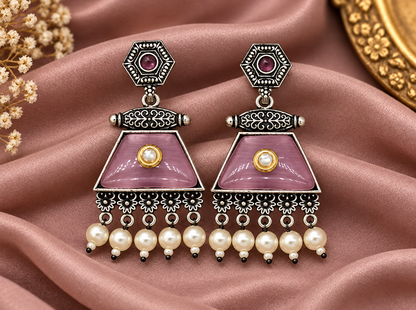 PINK Triangle Enamel Pearl Drop Earrings