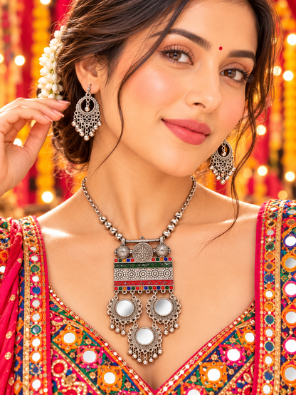 Oxidized Silver Tribal Mosaic Pendant Necklace Set