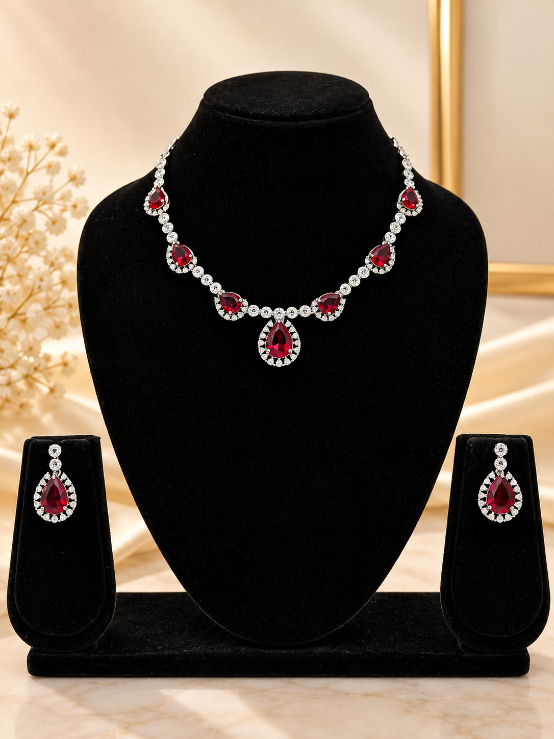 Ruby Red Teardrop American Diamond Necklace Set