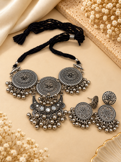 Oxidized Silver Triple Medallion Necklace Set
