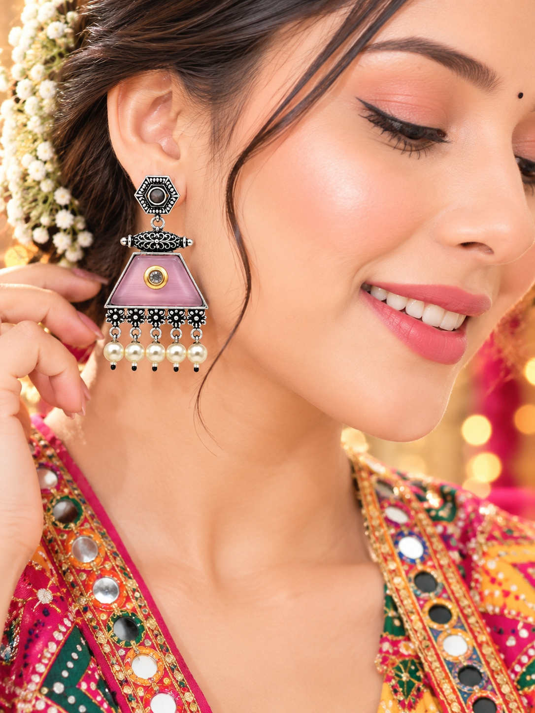PINK Triangle Enamel Pearl Drop Earrings