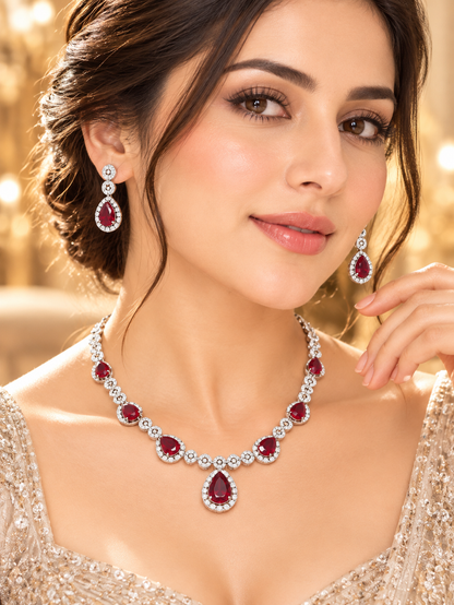 Ruby Red Teardrop American Diamond Necklace Set