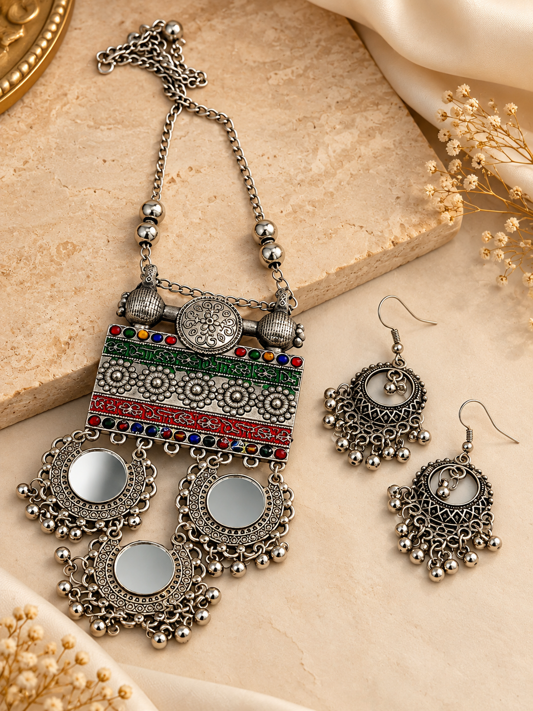 Oxidized Silver Tribal Mosaic Pendant Necklace Set