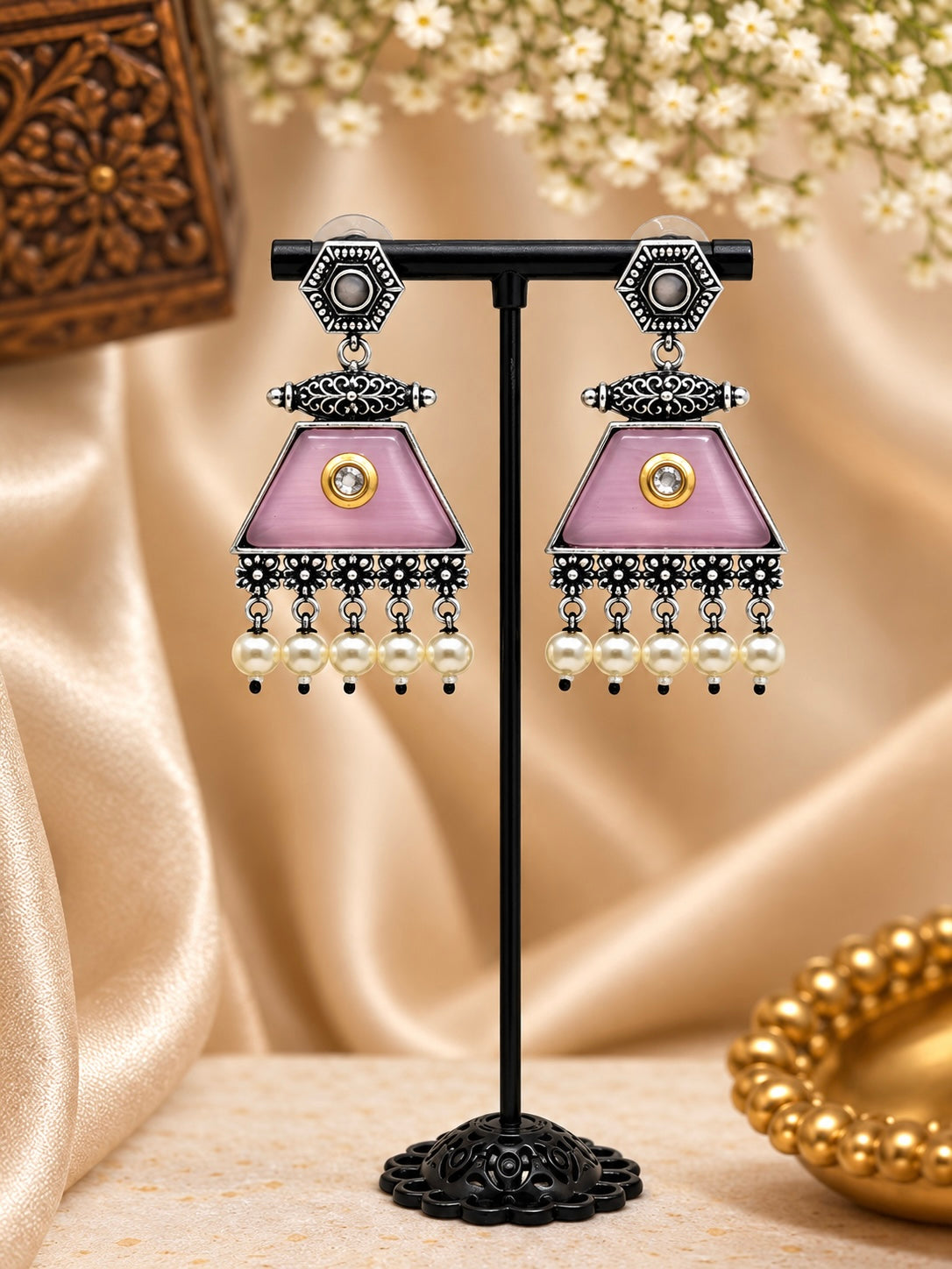 PINK Triangle Enamel Pearl Drop Earrings