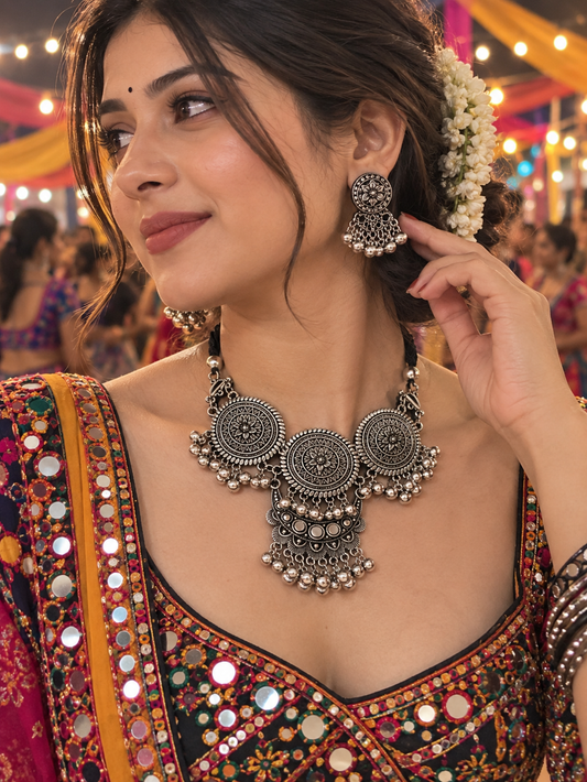 Oxidized Silver Triple Medallion Necklace Set