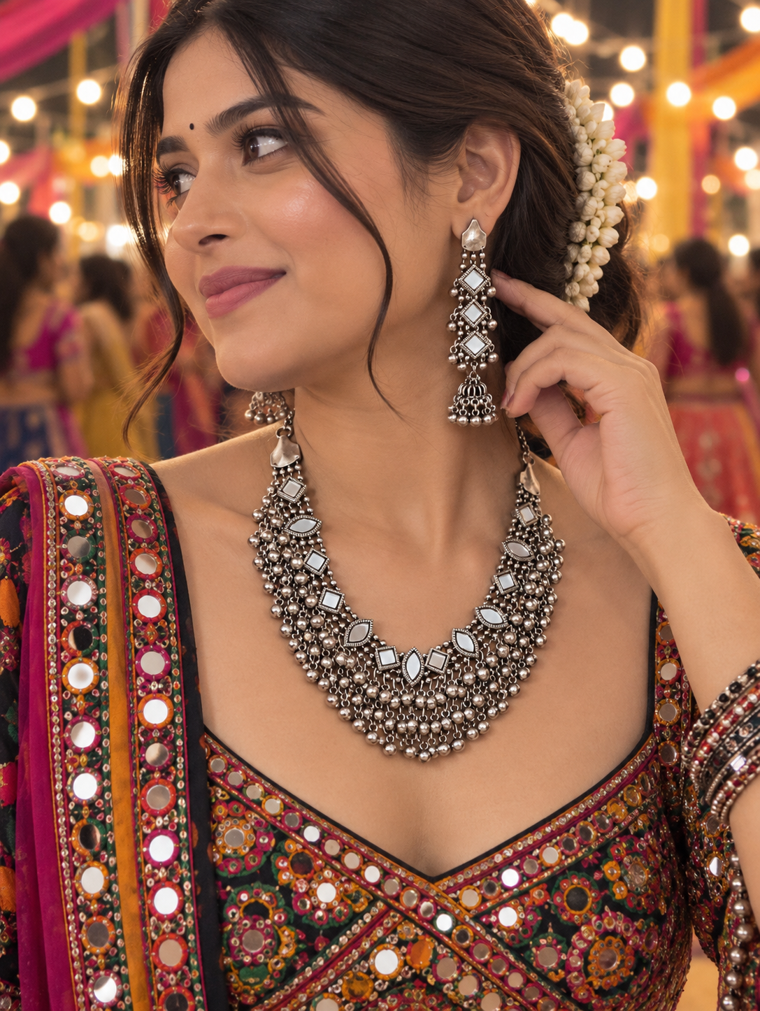 Oxidized Silver Mirrorwork Layered Necklace Set