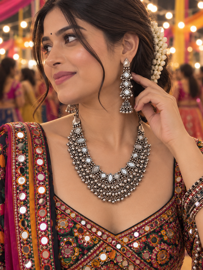 Oxidized Silver Mirrorwork Layered Necklace Set