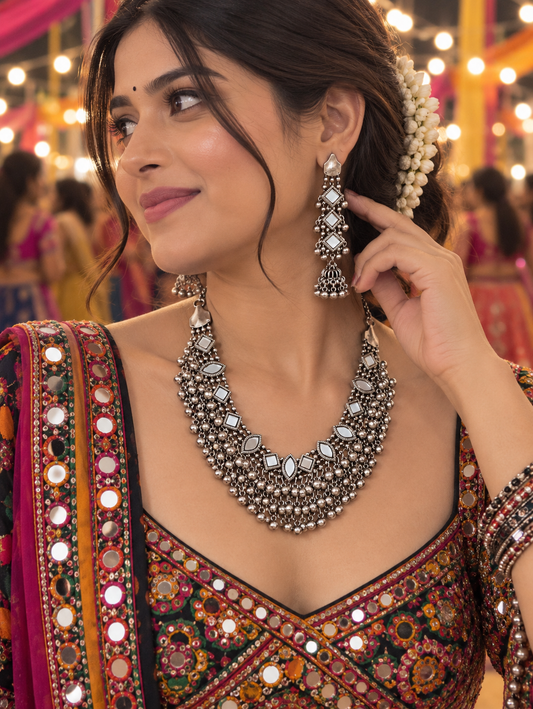 Oxidized Silver Mirrorwork Layered Necklace Set