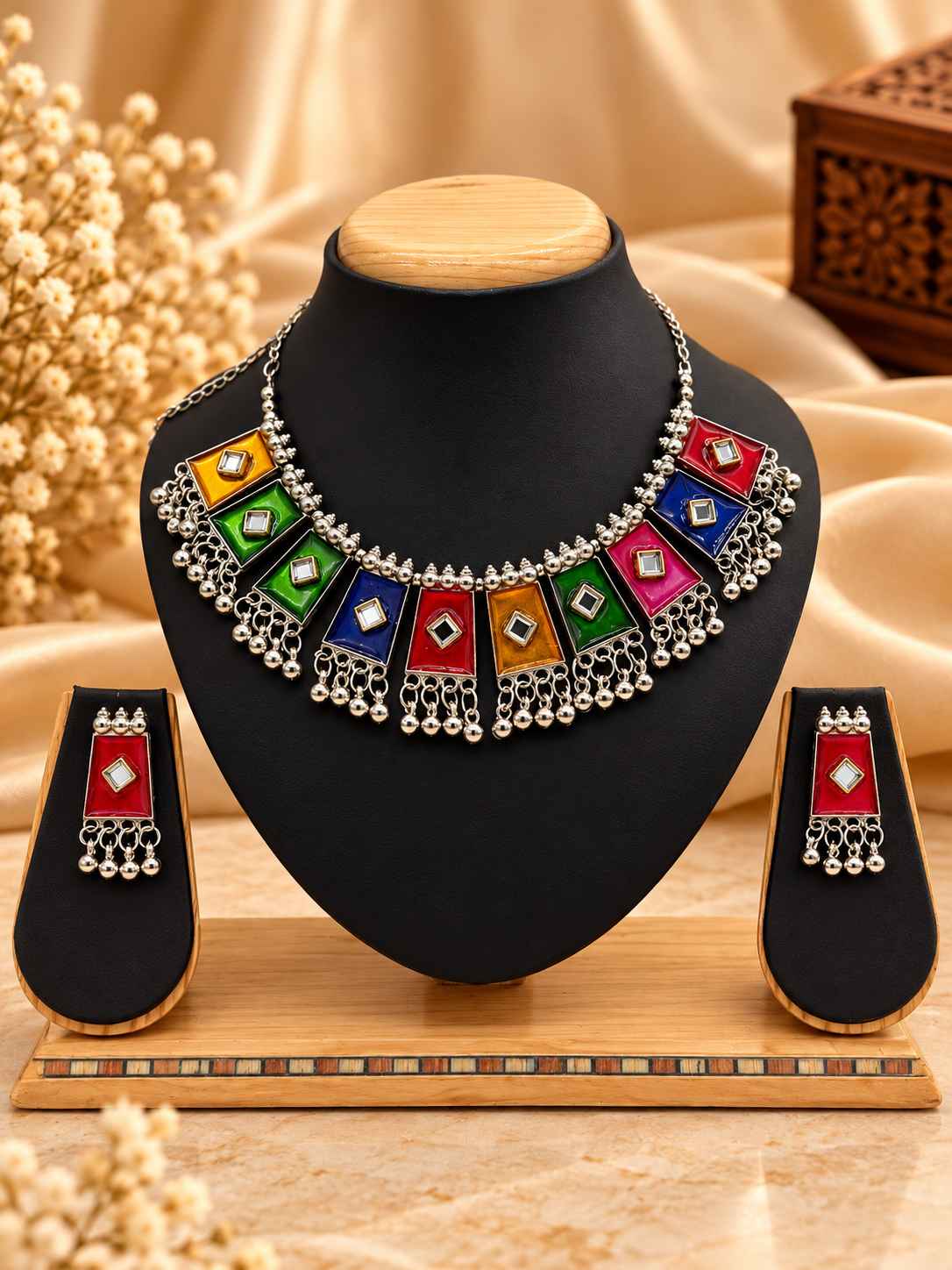 Oxidized Silver Multicolor Tribal Choker Necklace Set