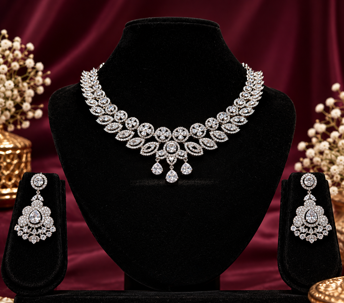 Royal Leaf Cascade American Diamond Necklace Set