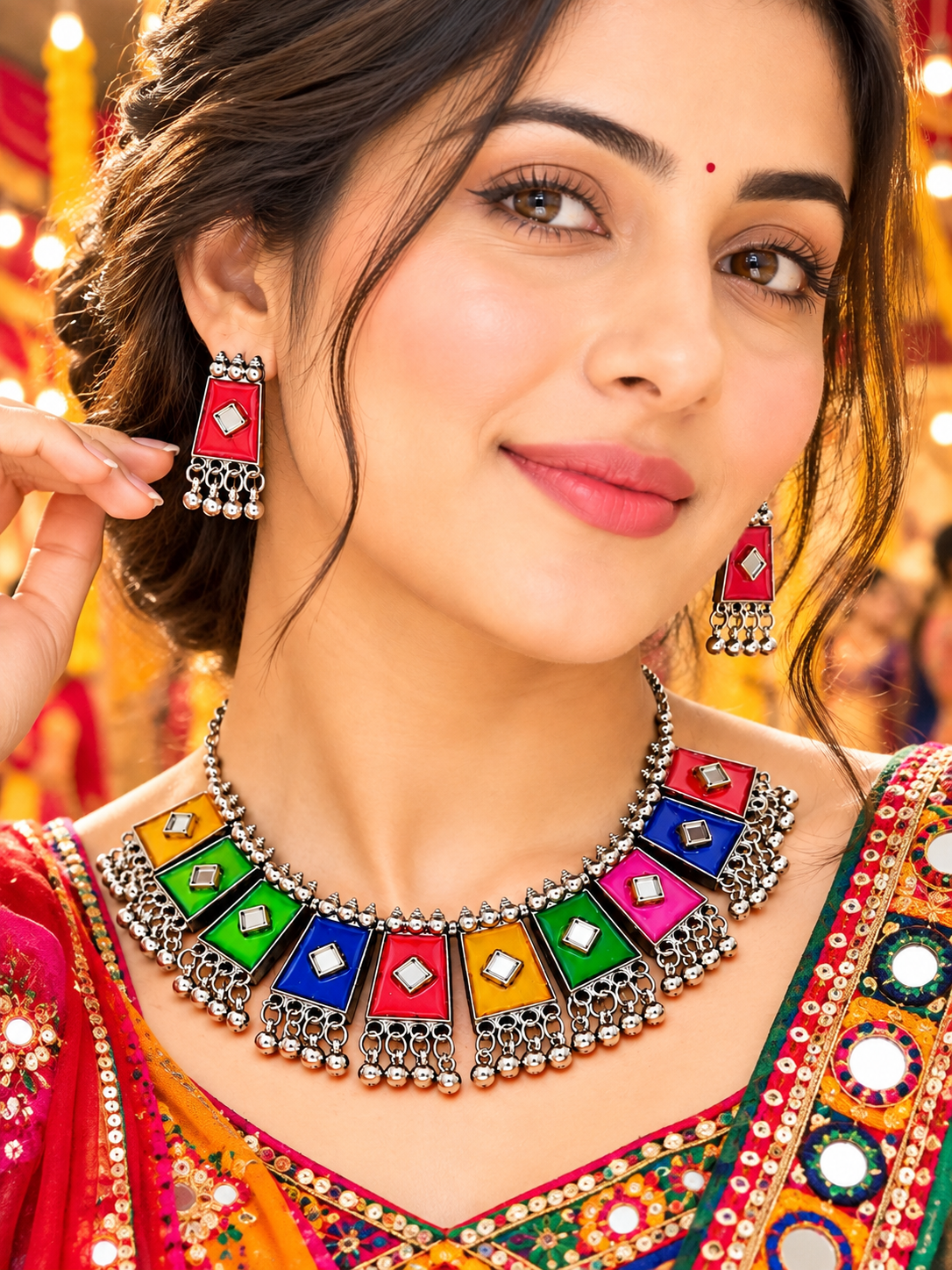 Oxidized Silver Multicolor Tribal Choker Necklace Set