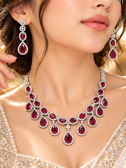 Ruby Red Cascade American Diamond Necklace Set