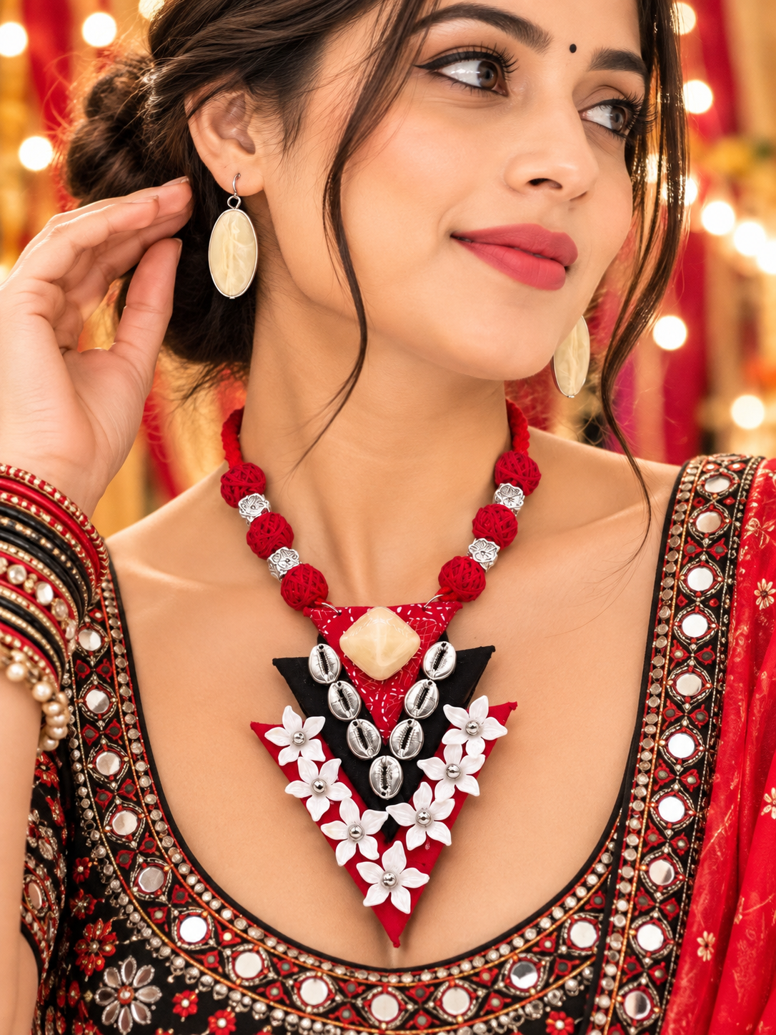 RED Tribal Floral Necklace