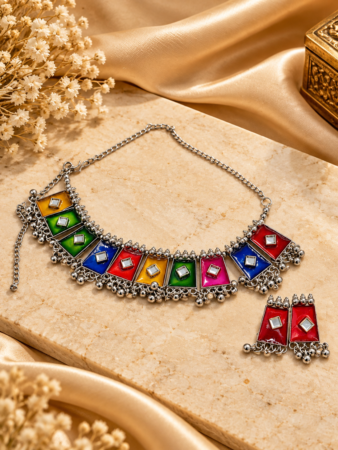 Oxidized Silver Multicolor Tribal Choker Necklace Set