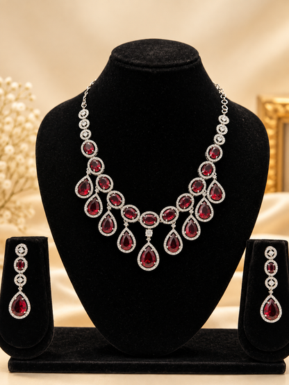 Ruby Red Cascade American Diamond Necklace Set