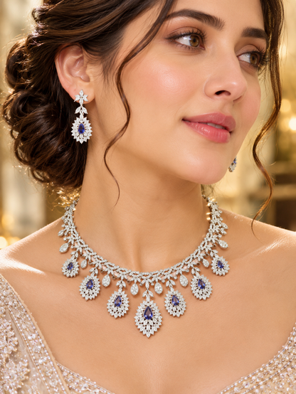 Royal Blue Floral American Diamond Necklace Set
