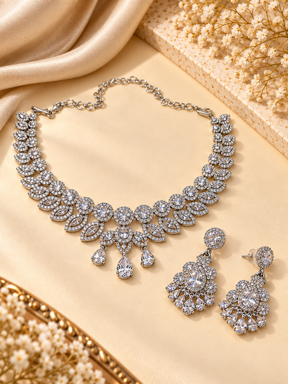 Royal Leaf Cascade American Diamond Necklace Set